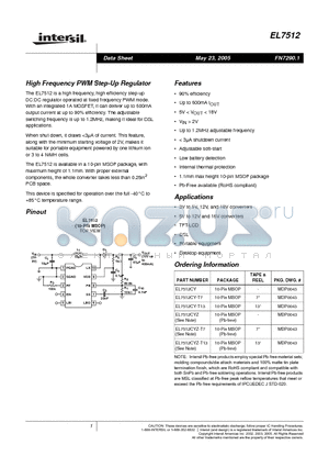 EL7512CYZ datasheet - High Frequency PWM Step-Up Regulator