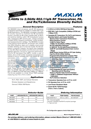 MAX2831 datasheet - 2.4GHz to 2.5GHz 802.11g/b RF Transceiver, PA, and Rx/Tx/Antenna Diversity Switch