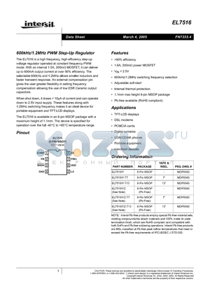 EL7516 datasheet - 600kHz/1.2MHz PWM Step-Up Regulator