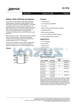 EL7516 datasheet - 600kHz/1.2MHz PWM Step-Up Regulator