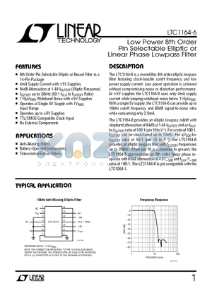 LTC1164-6 datasheet - Low Power 8th Order Pin Selectable Elliptic or Linear Phase Lowpass Filter
