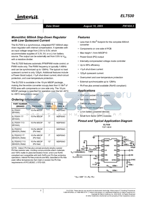 EL7530IY-T13 datasheet - Monolithic 600mA Step-Down Regulator with Low Quiescent Current