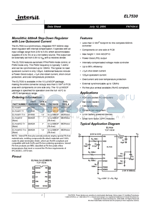 EL7530 datasheet - Monolithic 600mA Step-Down Regulator with Low Quiescent Current