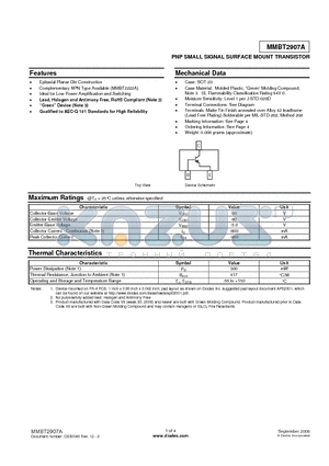 MMBT2907A-7-F datasheet - PNP SMALL SIGNAL SURFACE MOUNT TRANSISTOR