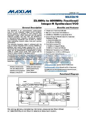 MAX2870ETJ+ datasheet - 23.5MHz to 6000MHz Fractional Integer-N Synthesizer/VCO