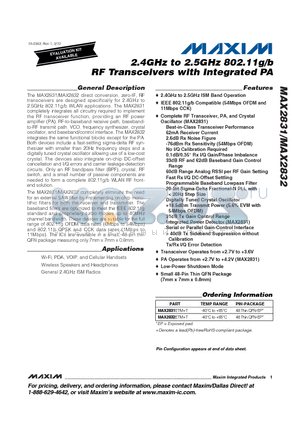 MAX2831 datasheet - 2.4GHz to 2.5GHz 802.11g/b RF Transceivers with Integrated PA