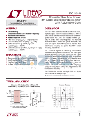 LTC1164-8_09 datasheet - Ultraselective, Low Power 8th Order Elliptic Bandpass Filter with Adjustable Gain