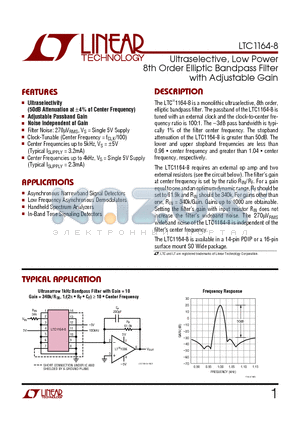 LTC1164-8 datasheet - Ultraselective, Low Power 8th Order Elliptic Bandpass Filter with Adjustable Gain