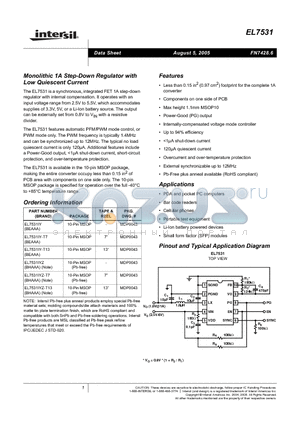 EL7531IYZ-T13 datasheet - Monolithic 1A Step-Down Regulator with Low Quiescent Current
