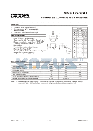 MMBT2907AT datasheet - PNP SMALL SIGNAL SURFACE MOUNT TRANSISTOR