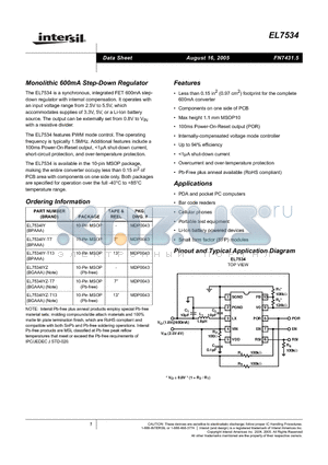 EL7534 datasheet - Monolithic 600mA Step-Down Regulator