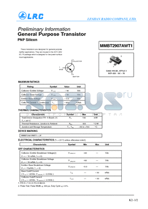 MMBT2907AWT1 datasheet - General Purpose Transistor(PNP Silicon)