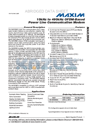 MAX2990 datasheet - 10kHz to 490kHz OFDM-Based Power Line Communication Modem