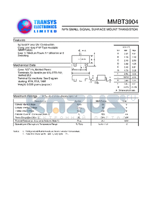 MMBT3904 datasheet - NPN SMALL SIGNAL SURFACE MOUNT TRANSISTOR