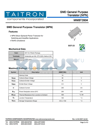 MMBT3904 datasheet - SMD General Purpose Transistor (NPN)