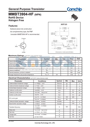 MMBT3904-HF datasheet - General Purpose Transistor
