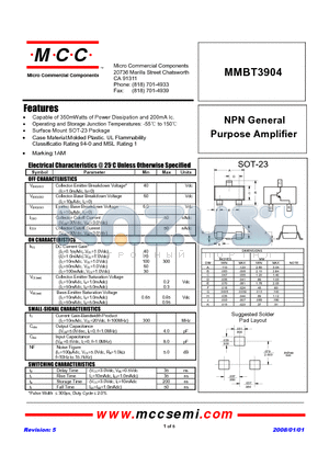 MMBT3904-TP datasheet - NPN General Purpose Amplifier