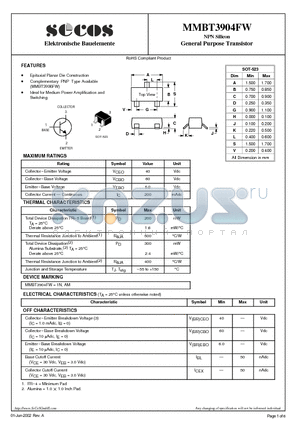 MMBT3904FW datasheet - General Purpose Transistor