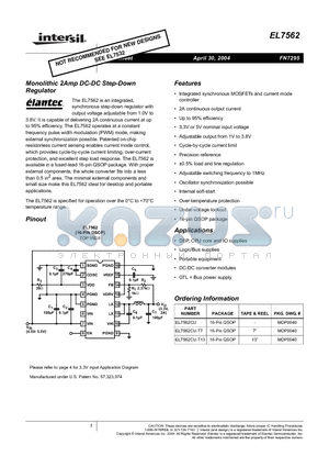 EL7562 datasheet - Monolithic 2Amp DC-DC Step-Down Regulator