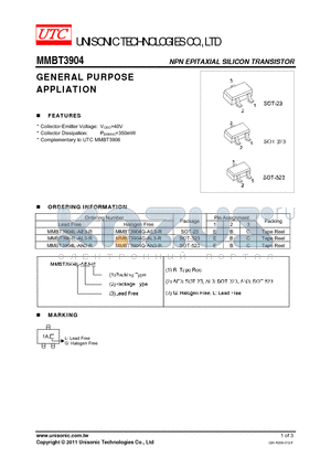 MMBT3904L-AN3-R datasheet - GENERAL PURPOSE APPLIATION