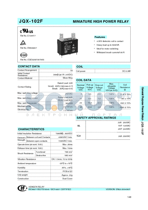 JQX-102F005 datasheet - MINIATURE HIGH POWER RELAY