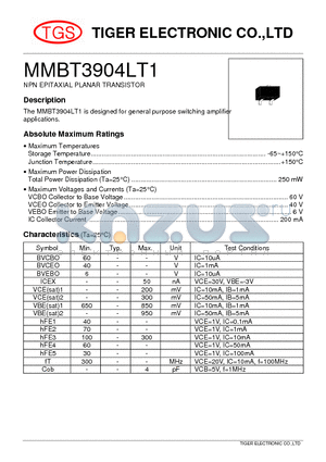 MMBT3904LT1 datasheet - NPN EPITAXIAL PLANAR TRANSISTOR