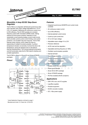 EL7563CRE datasheet - Monolithic 4 Amp DC:DC Step-Down Regulator