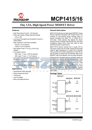 MCP1416 datasheet - Tiny 1.5A, High-Speed Power MOSFET Driver