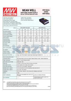 MWP-602A datasheet - SWITCHING POWER SUPPLY ISO-9001 CERTIFIED MANUFACTURER