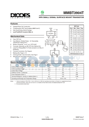 MMBT3904T datasheet - NPN SMALL SIGNAL SURFACE MOUNT TRANSISTOR