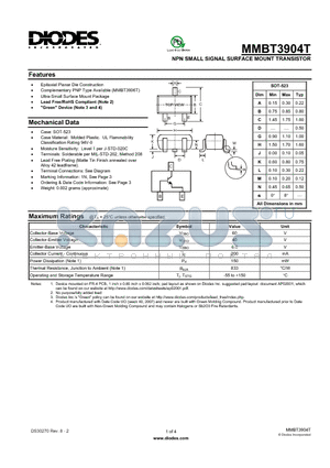 MMBT3904T-7-F datasheet - NPN SMALL SIGNAL SURFACE MOUNT TRANSISTOR