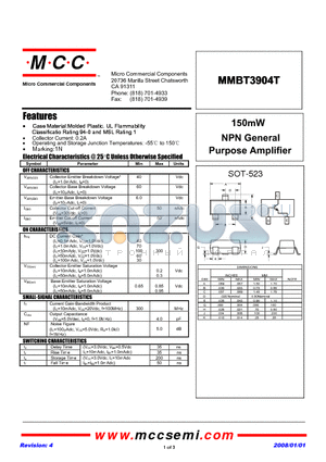 MMBT3904T-TP datasheet - 150mW NPN General Purpose Amplifier