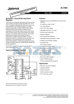 EL7564CRE datasheet - Monolithic 4 Amp DC/DC Step-Down Regulator