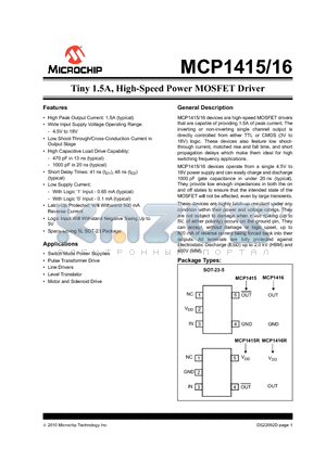 MCP1415RT-OT datasheet - Tiny 1.5A, High-Speed Power MOSFET Driver
