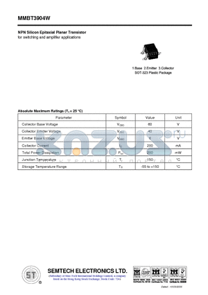 MMBT3904W datasheet - NPN Silicon Epitaxial Planar Transistor