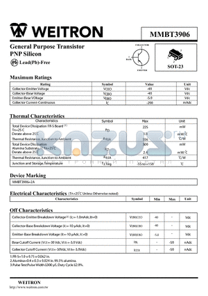 MMBT3906 datasheet - General Purpose Transistor PNP Silicon