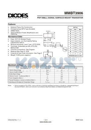 MMBT3906 datasheet - PNP SMALL SIGNAL SURFACE MOUNT TRANSISTOR