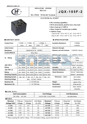 JQX-105F-2L datasheet - 30A 1 POLE PCB&QC Terminals