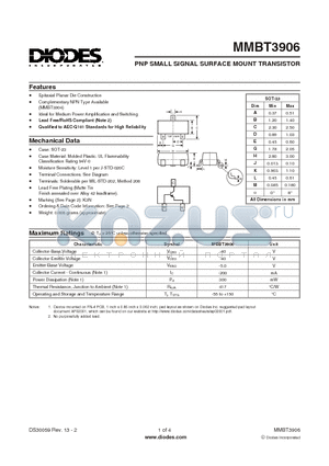 MMBT3906 datasheet - PNP SMALL SIGNAL SURFACE MOUNT TRANSISTOR