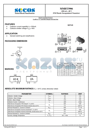 MMBT3906 datasheet - -200 mA, -40 V PNP Plastic Encapsulated Transistor