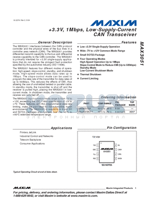 MAX3051EKA-T datasheet - 3.3V, 1Mbps, Low-Supply-Current CAN Transceiver