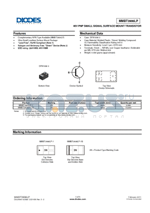 MMBT3906LP-7 datasheet - 40V PNP SMALL SIGNAL SURFACE MOUNT TRANSISTOR