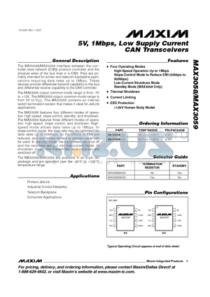 MAX3058ASA datasheet - 5V, 1Mbps, Low Supply Current CAN Transceivers