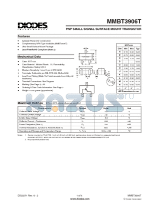 MMBT3906T datasheet - PNP SMALL SIGNAL SURFACE MOUNT TRANSISTOR