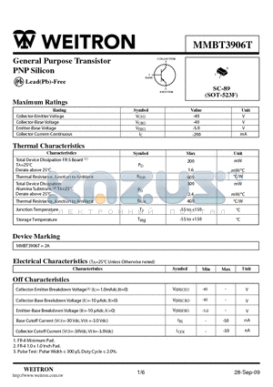 MMBT3906T datasheet - General Purpose Transistor PNP Silicon