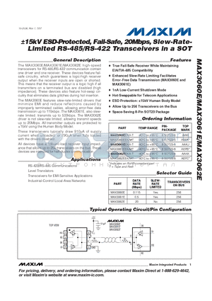 MAX3060EEKA-T datasheet - 15kV ESD-Protected, Fail-Safe, 20Mbps, Slew-Rate-Limited RS-485/RS-422 Transceivers in a SOT