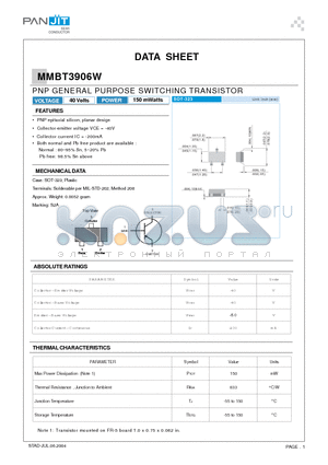 MMBT3906W datasheet - PNP GENERAL PURPOSE SWITCHING TRANSISTOR