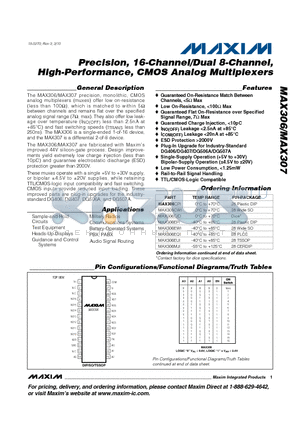 MAX306CPI datasheet - Precision, 16-Channel/Dual 8-Channel, High-Performance, CMOS Analog Multiplexers