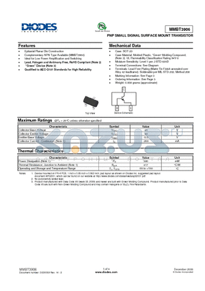 MMBT3906_08 datasheet - PNP SMALL SIGNAL SURFACE MOUNT TRANSISTOR