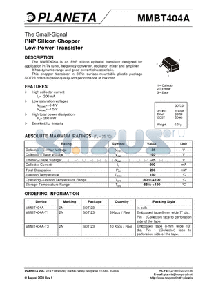 MMBT404A-T1 datasheet - The Small-Signal PNP Silicon Chopper Low-Power Transistor